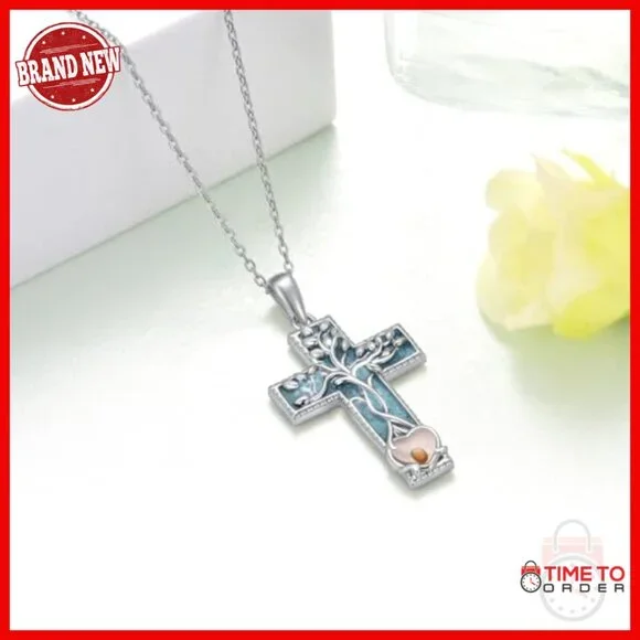 925 Sterling Silver Cross Pendant Necklace with Mustard Seed Tree of Life - Picture 5 of 7